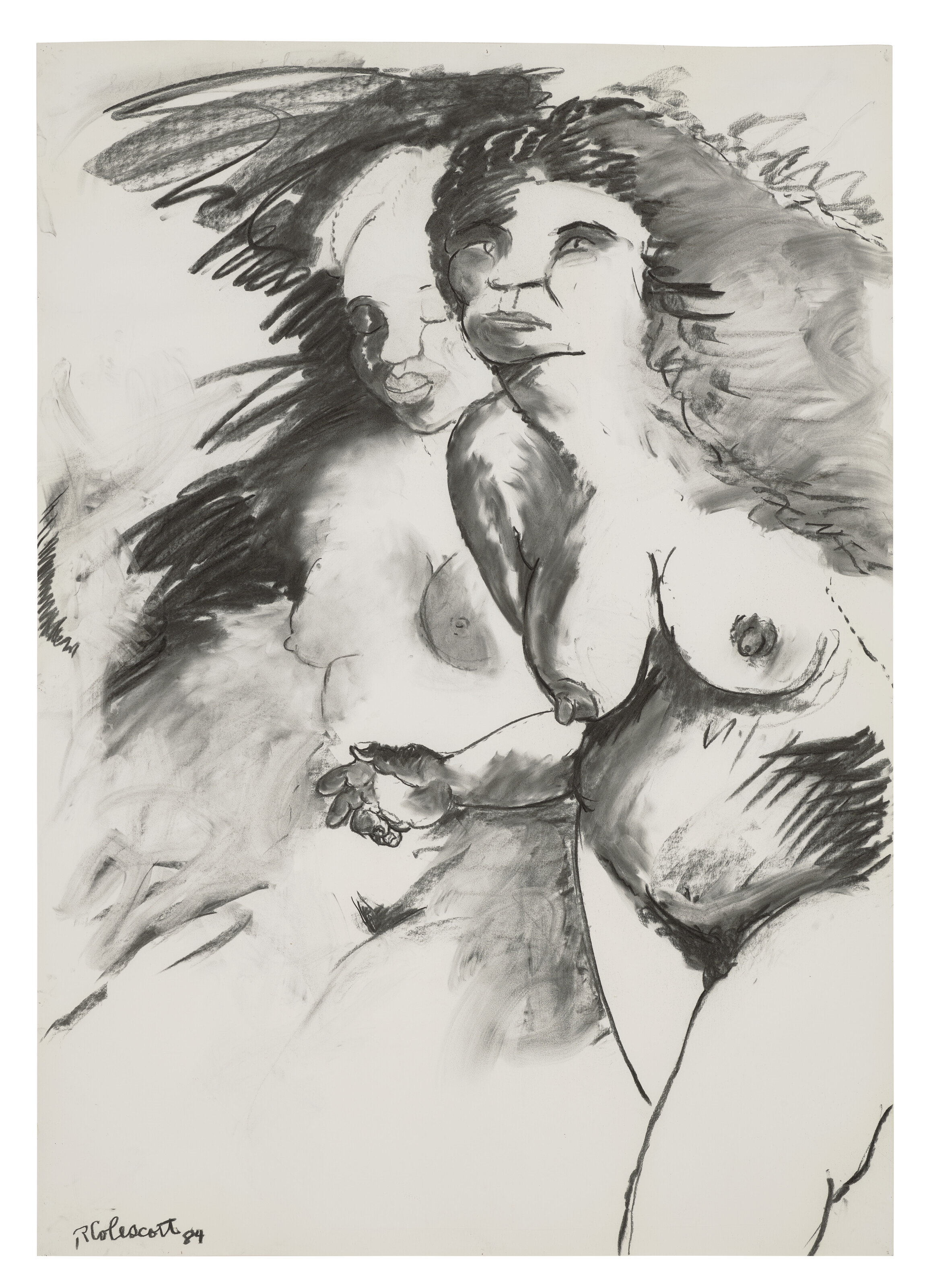 Artwork by Robert Colescott, Woman Fleeing From Her Youth, Made of charcoal on paper