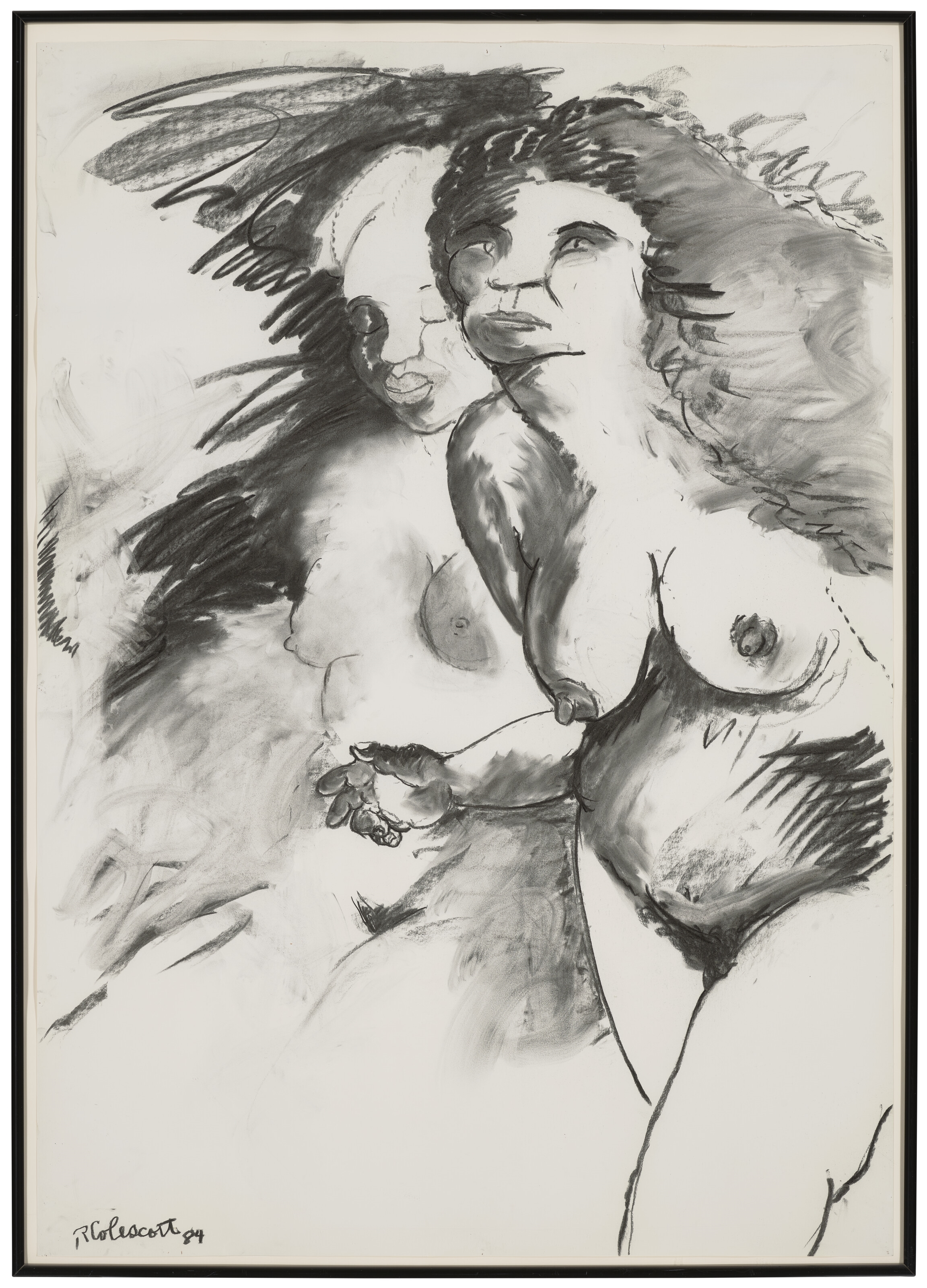 Artwork by Robert Colescott, Woman Fleeing From Her Youth, Made of charcoal on paper