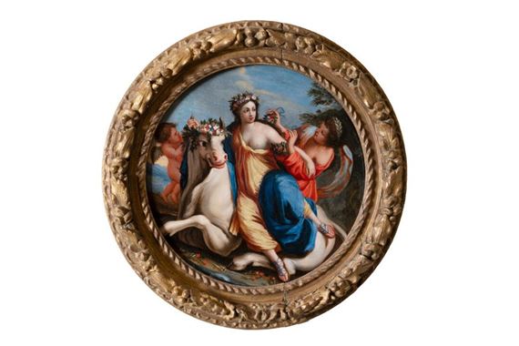 Charles POERSON (after). Attributed to Master MB (active in France in the late 17th century) Abduction of Europa. Circular panel prepared on the back with MB fire mark. D_23 cm Expert : Cabinet Turquin - Charles Poerson