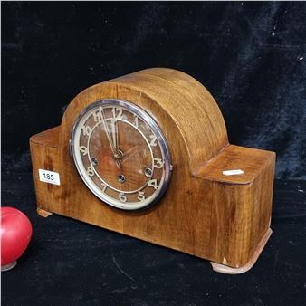 A handsome  Art Deco Comet eight day strike mantel clock. Features chrome dial, and  mechanism - John Calabro