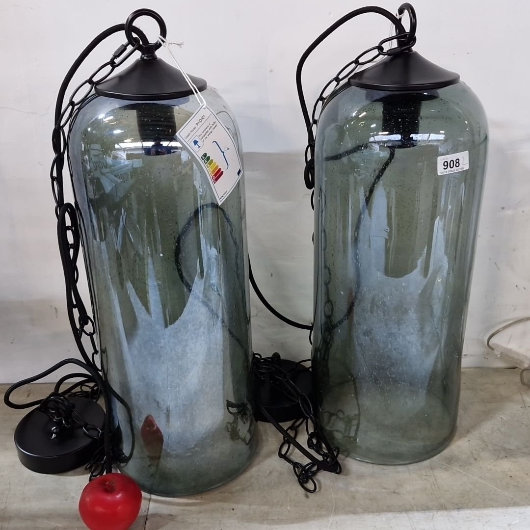 Artwork by Kare Design, Star Lot : Pair of Brand new, very tall Kare Design Vera modern industrial-style dant lights with hand-blown  fittings, Made of smoked glass shades and black metal