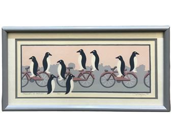 Signed Jim Saylor “Penguins on Bicycles" Serigraph - Jim Saylor