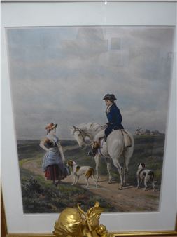 After Heywood Hardy etched by Gilbert Haslerth Century rural scene depicting Gentlemen on horseback talking to maiden with bucket,cm xcm - Heywood Hardy