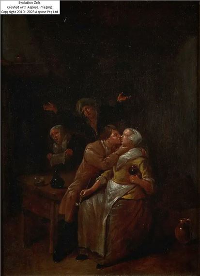 Two Interior scenes with figures drinking, embracing, and making music in a tavern;&#160; by Jan Jacobsz Molenaer, circa 1684/1690