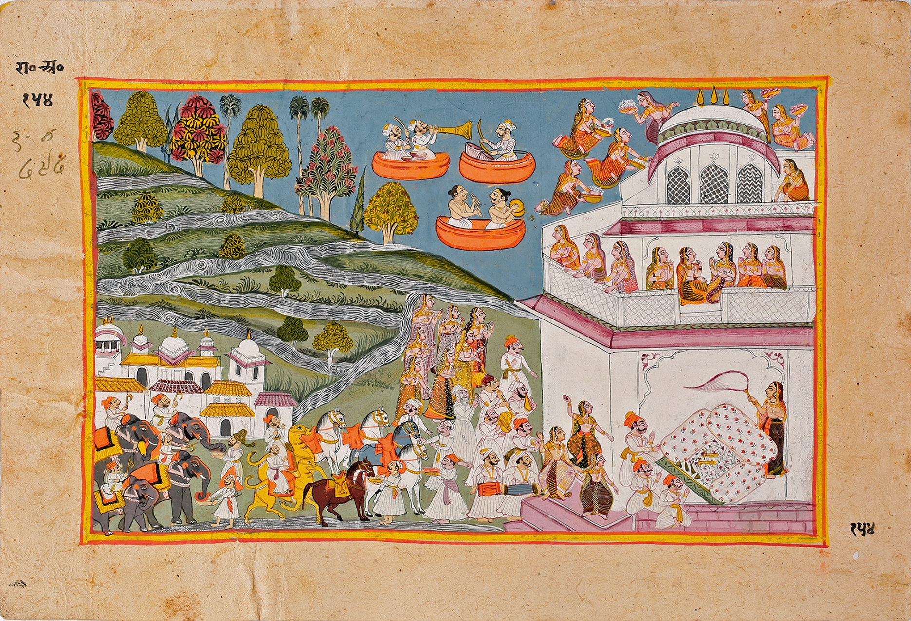 Artwork by Mira Bagas, AN ILLUSTRATION FROM A RAMAYANA, ATT. TO THE WORKSHOP OF MIRA BAGAS - Bharata with his Army Spend the Night at the Palace Built by Vishwakarma, Made of Opaque pigment on paper