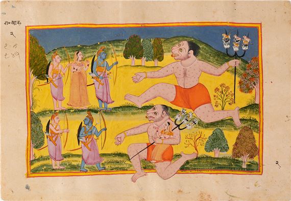 AN ILLUSTRATION FROM A RAMAYANA SERIES ATTRIBUTED TO THE WORKSHOP OF MIRA BAGAS - Demon Viradha Attacks Rama and Lakshmana and Sita by Mira Bagas