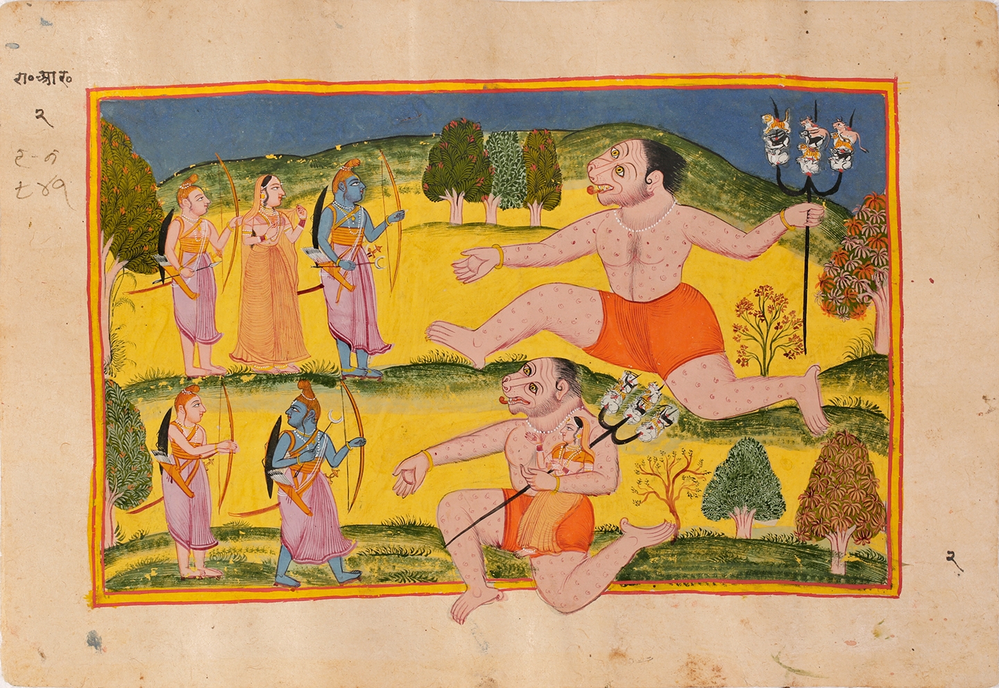 Artwork by Mira Bagas, AN ILLUSTRATION FROM A RAMAYANA SERIES ATTRIBUTED TO THE WORKSHOP OF MIRA BAGAS - Demon Viradha Attacks Rama and Lakshmana and Sita, Made of Opaque pigment on paper