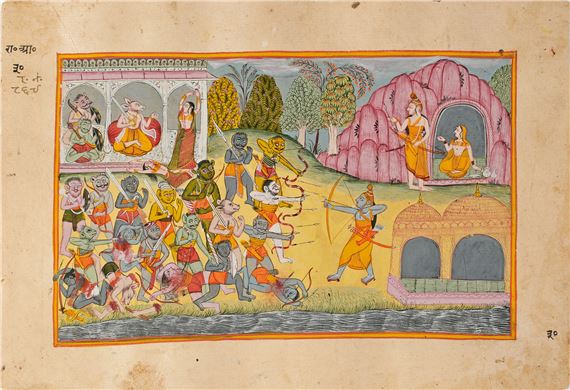 AN ILLUSTRATION FROM A RAMAYANA SERIES ATTRIBUTED TO THE WORKSHOP OF MIRA BAGAS - Surpanakha Complains to Khara while Rama Slays the Demon Army by Mira Bagas