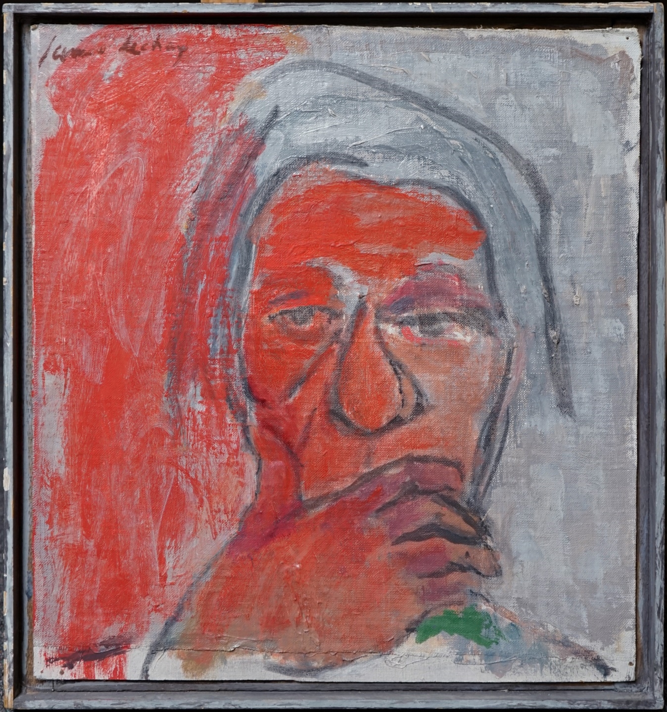 Artwork by James Lechay, Head with Hand and Gray Hair, Made of oil on canvas laid to board