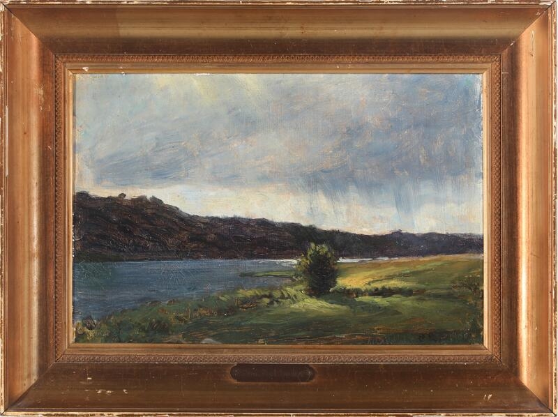 Carl Ludvig Thilson Locher | Hilly landscape with a view of a lake ...
