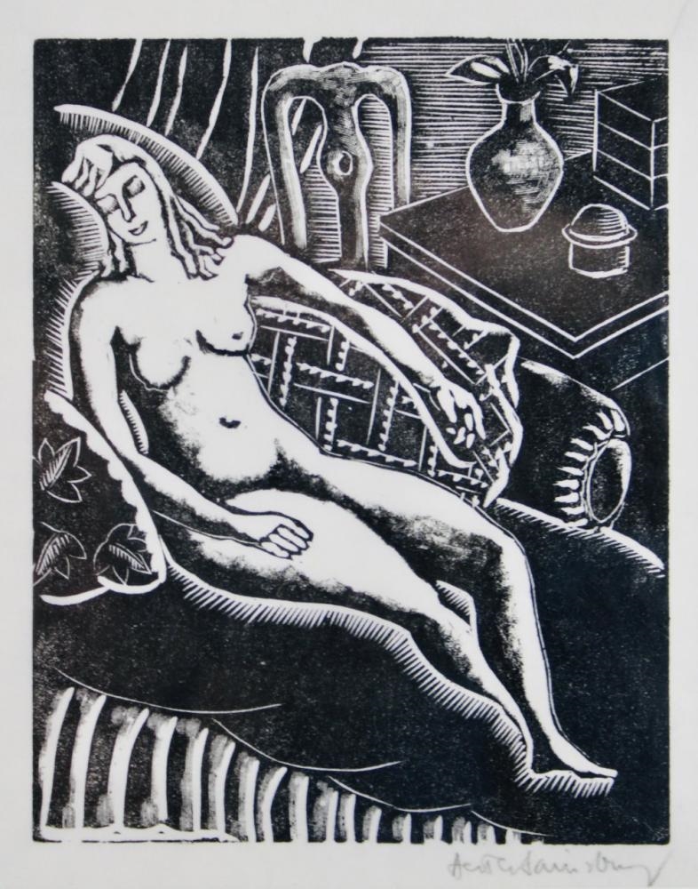 Artwork by Hester Sainsbury, Hester Sainsbury (1890-1967)   Seated Nude  Woodcut  Signed   Framed W31, Made of Wood Engraving