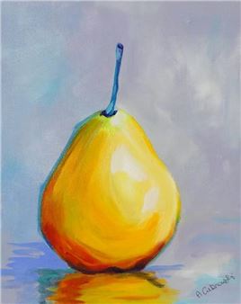 A nice set of 7 original acrylics on canvas depicting pears in various shapes and colours - A. Gubrowski