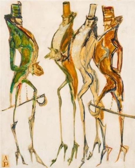 A whimsical sketch of four elongated, top-hatted figures in a row.
