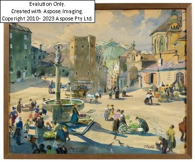 Artwork by Oskar Laske, "Marktplatz in Hall" (in Tirol), Made of Gouache