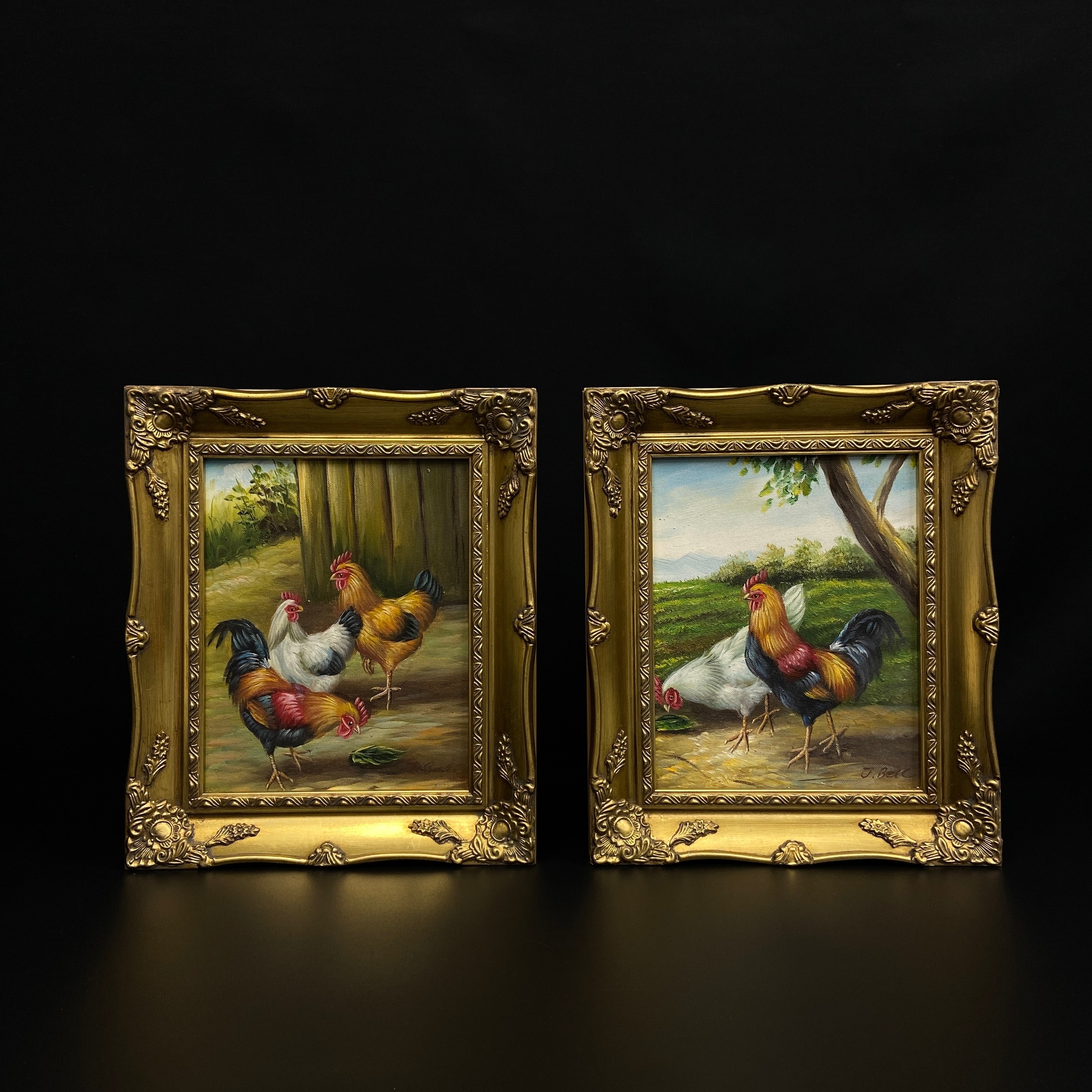 Artwork by J. Bell, A pair of oil paintings on canvas depicting chickens in a rural setting, Made of oil paintings on canvas