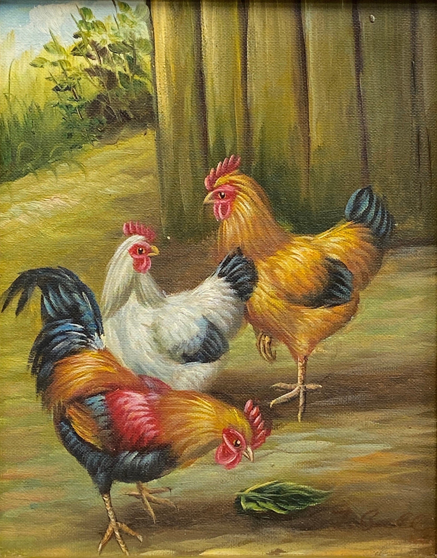 Artwork by J. Bell, A pair of oil paintings on canvas depicting chickens in a rural setting, Made of oil paintings on canvas