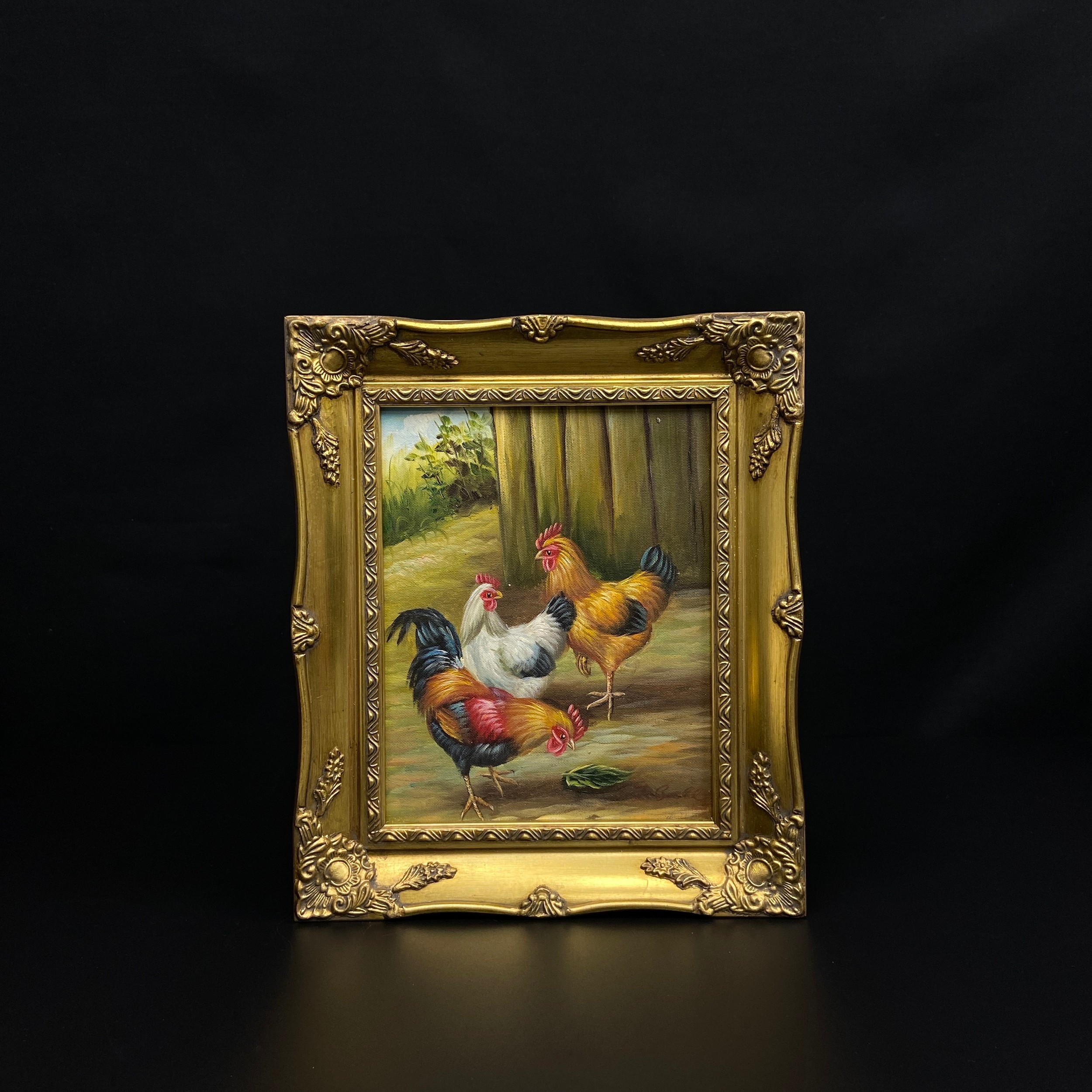 Artwork by J. Bell, A pair of oil paintings on canvas depicting chickens in a rural setting, Made of oil paintings on canvas