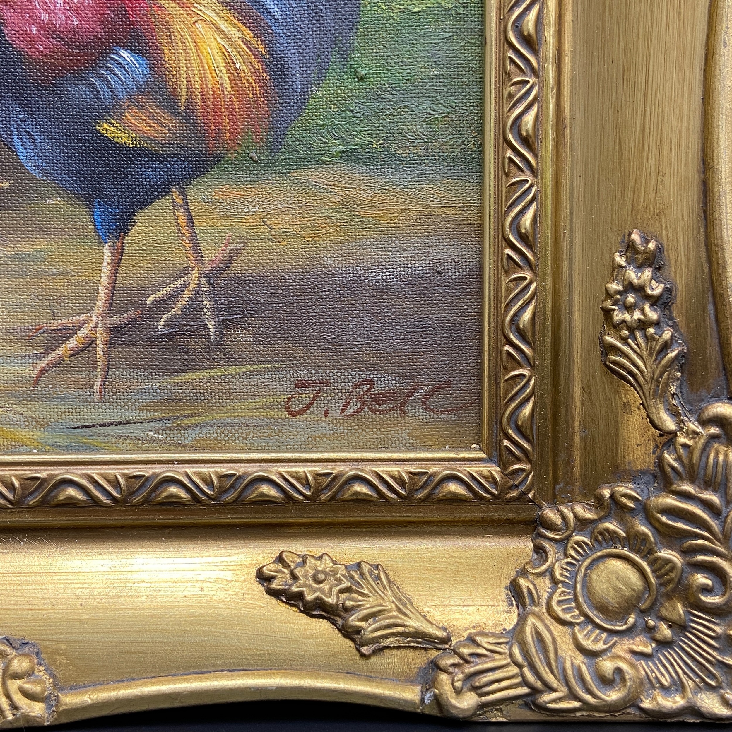Artwork by J. Bell, A pair of oil paintings on canvas depicting chickens in a rural setting, Made of oil paintings on canvas