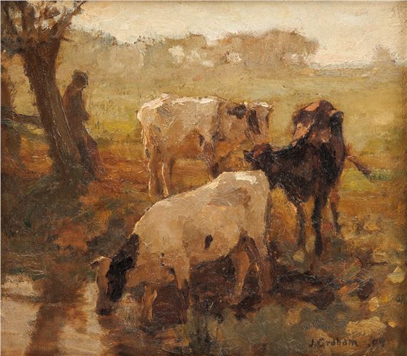 Resting shepherd with cows, 1909 - J. Graham