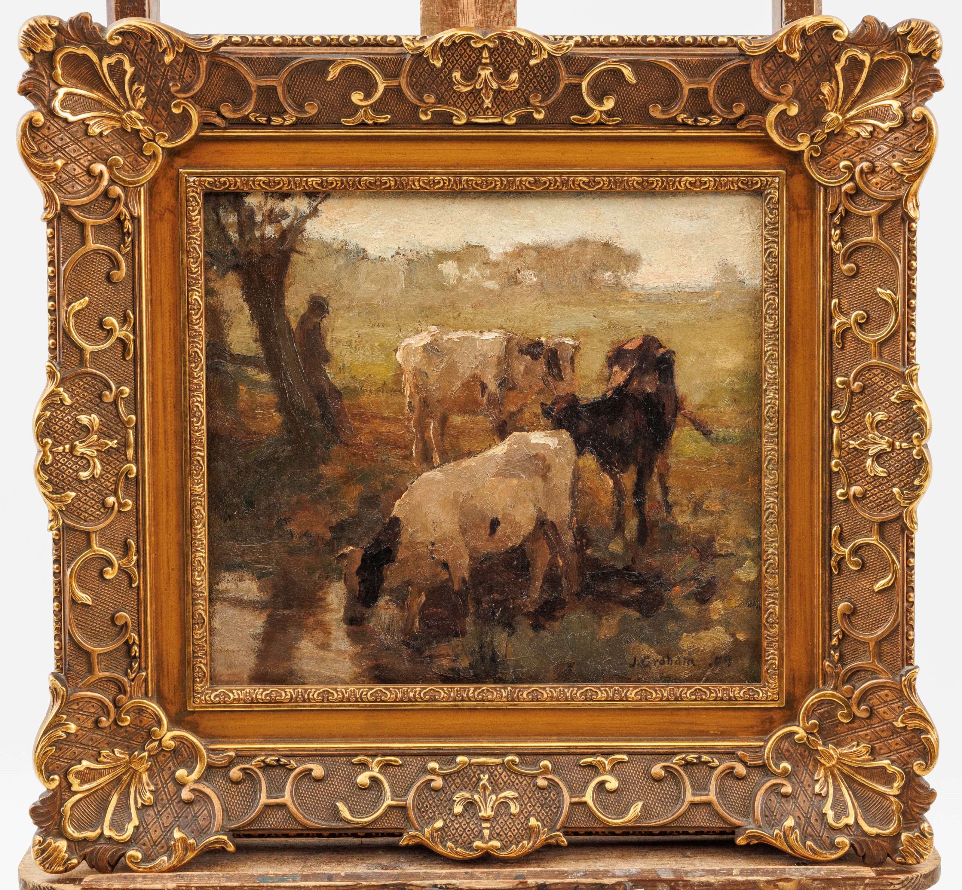 Artwork by J. Graham, Resting shepherd with cows, 1909, Made of Oil on panel