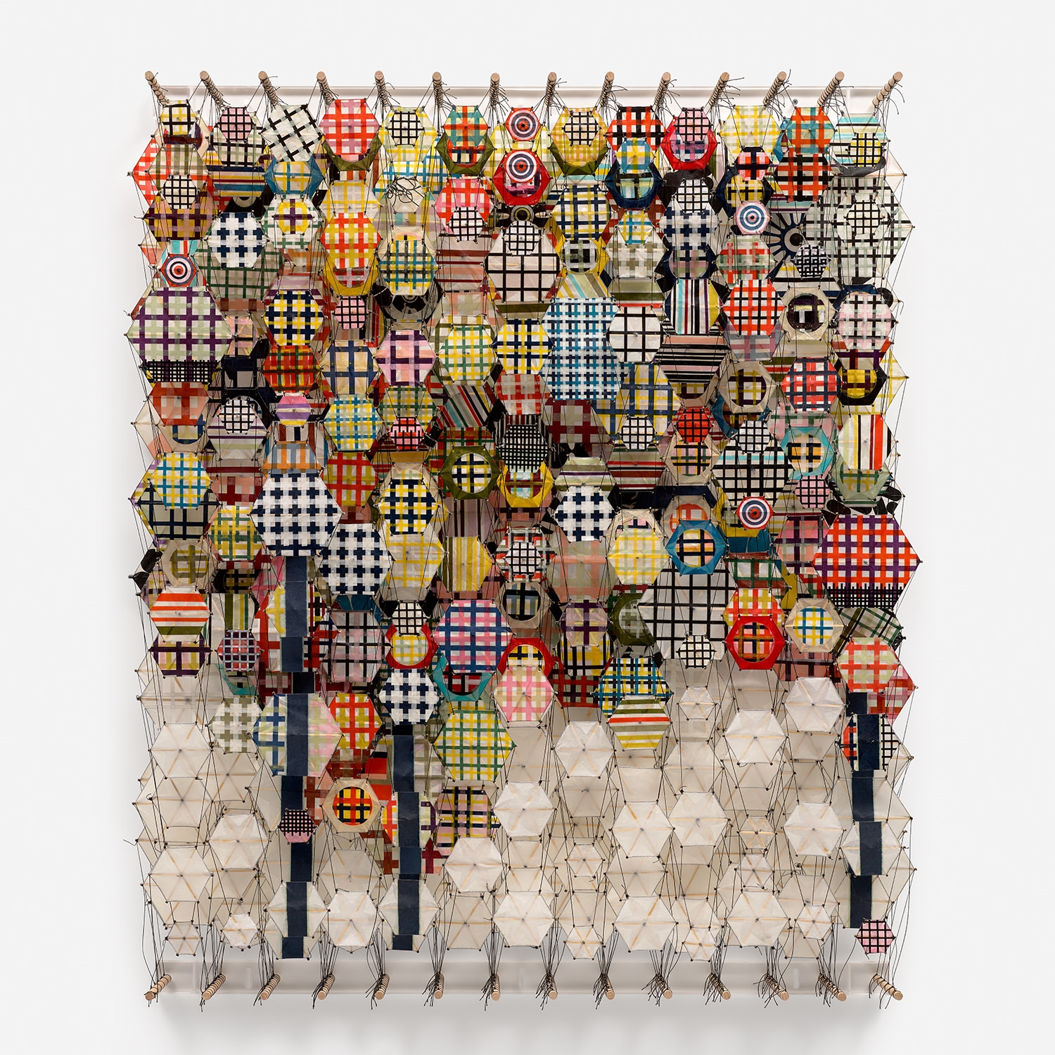 Artwork by Jacob Hashimoto, Little SST, Made of paper, acrylic, nylon and wood