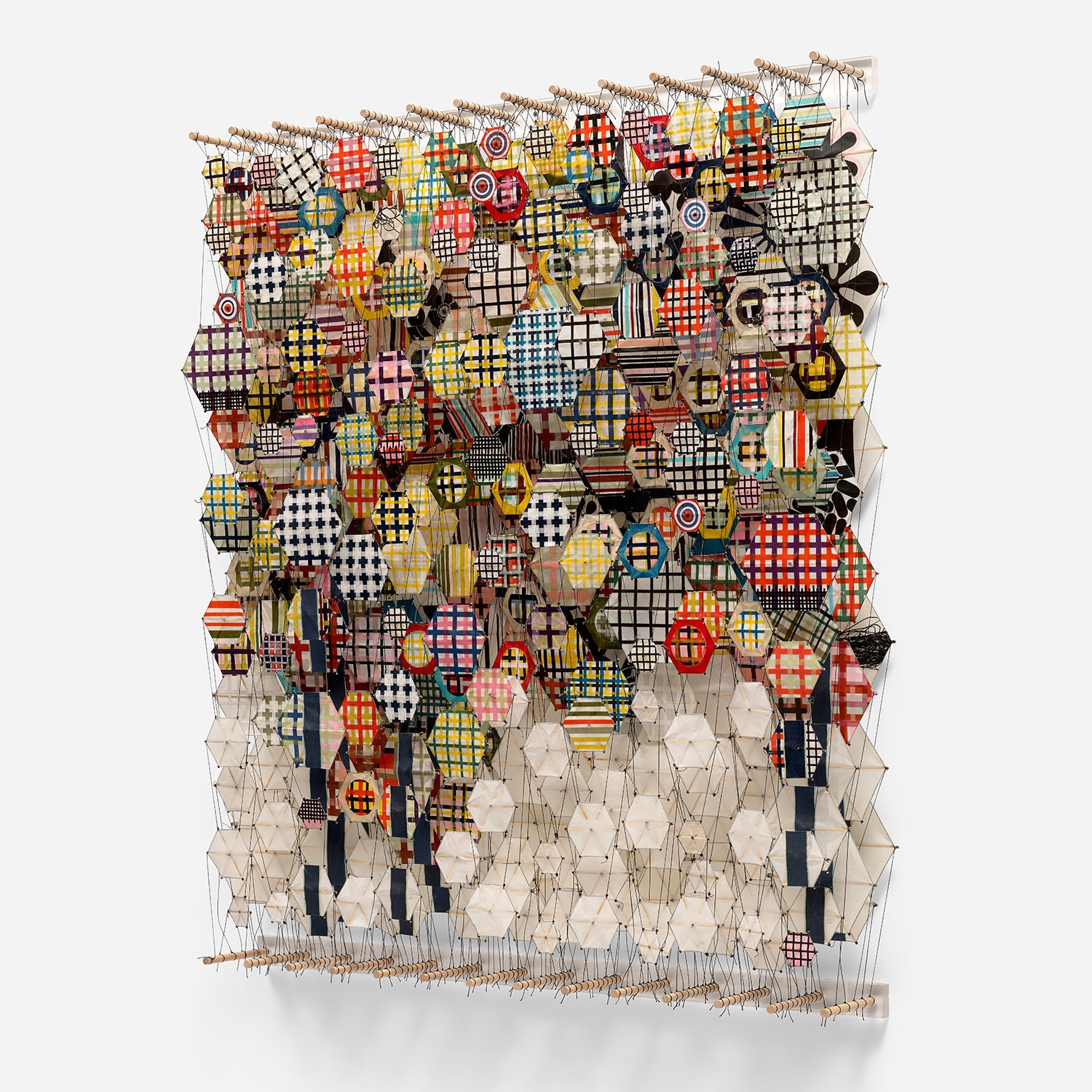 Artwork by Jacob Hashimoto, Little SST, Made of paper, acrylic, nylon and wood