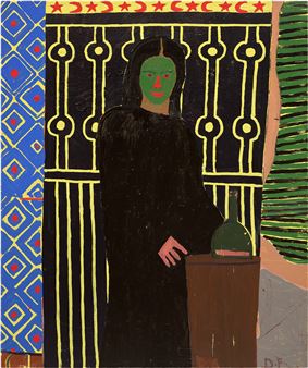 A stylized portrait of a figure in black against a geometric background with bold colors and decorative patterns.