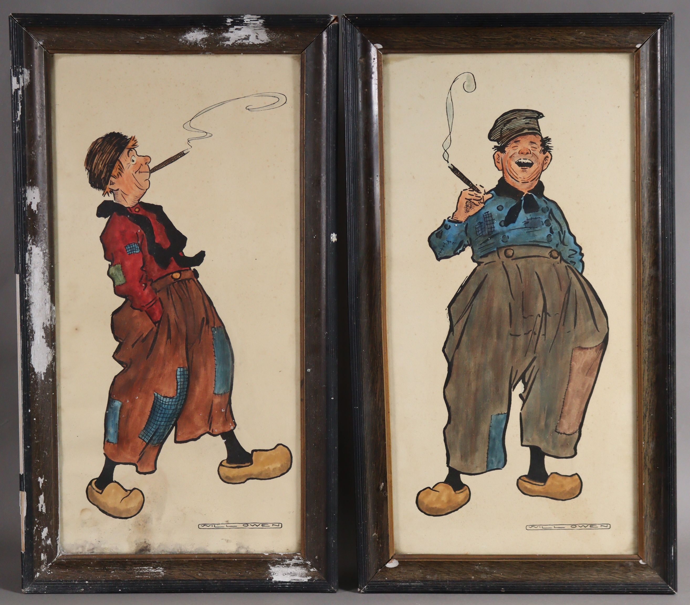 Artwork by Will Owen, A pair of coloured lithographs after Will Owen (1869-1957) depicting cartoon male figures, Made of A pair of coloured lithographs