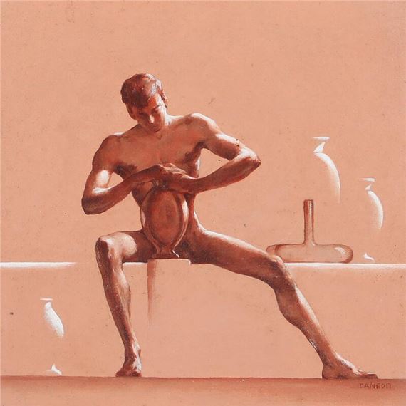 Composition with a naked male ceramist by Alexander Cañedo