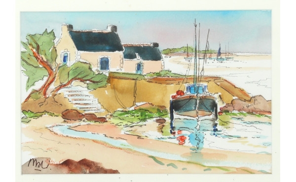 Artwork by Louis Mahé, "Bateau amarré au port de Doëlan", Made of watercolor