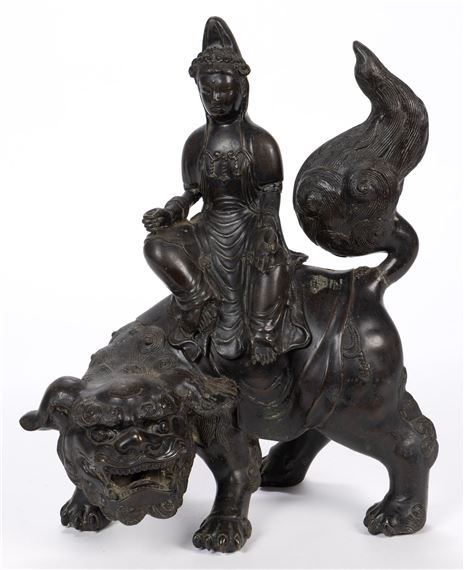 Chinese School, 19th Century | CHINESE BRONZE GUANYIN ON GUARDIAN LION ...