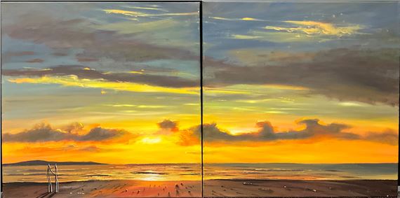 Pete Rumney (British, Bn. 1974)
Ocean Skies
signed, two panel oil on canvas, 122cm x 62cm overall. by Peter Rumney