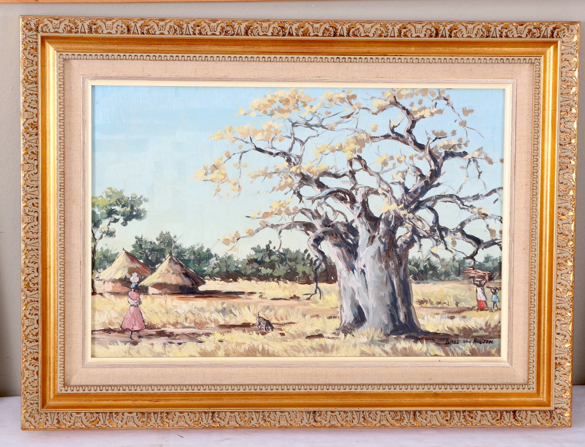 Artwork by Babs Van Biljon, AFRICAN HUT AND BAOBAB TREE, Made of oil on board