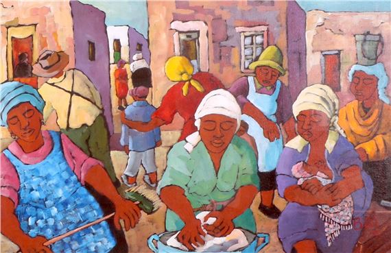 LADIES CONVERSING IN A CAPE NEIGHBOURHOOD by Bea, dated 95