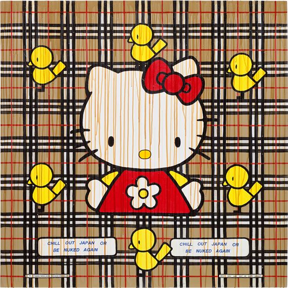 A stylized cartoon character with a red bow and flower-adorned dress stands against a plaid background, surrounded by small yellow figures.