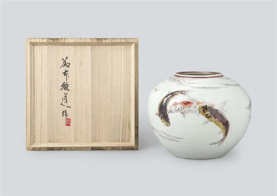 Jar with design of carp in overglaze enamel by Yoshimichi Fujimoto, 1979