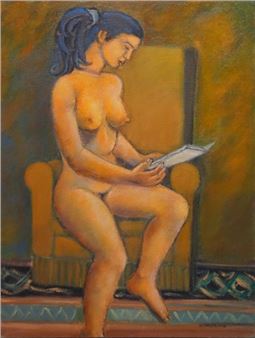 Nude seated with book - Henri Valachman