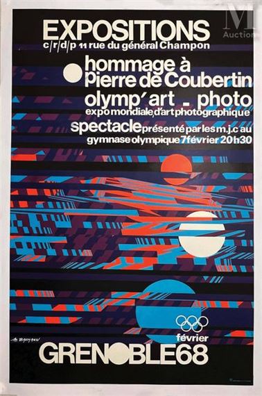 Grenoble 68 February Tribute to Pierre de Coubertin Olymp'Art - Photo 1968 BAUMANN M. Grenoble 68 February Tribute to Pierre de Coubertin Olymp'Art - Photo 1968 Affiche entoilée/ Vintage Poster on Linnen T.B.E. A + 99.5 x 65 cm Aimé Reboul Exhibited in the Street at the time of there creation - Max Baumann