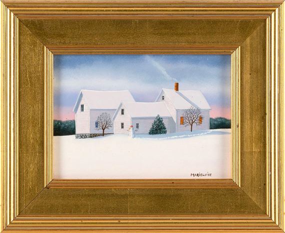 Snowman in front of a farmhouse