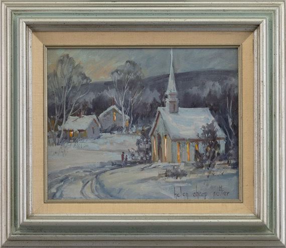 A winter landscape painting of a snow-covered church and houses with glowing windows.
