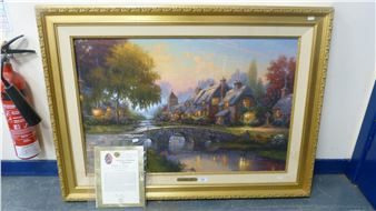 Overpainted print on canvas - Thomas Kinkade