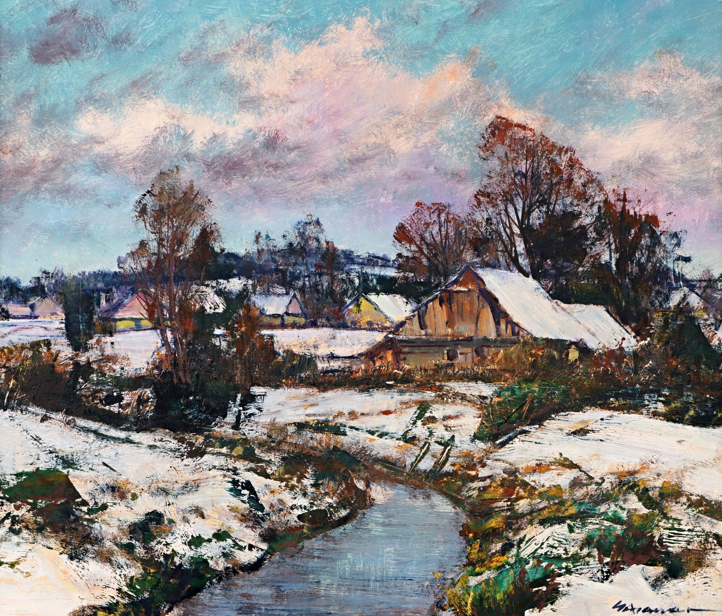 Artwork by Karel Schauer, Vesnice v zimě, Made of oil on cardboard