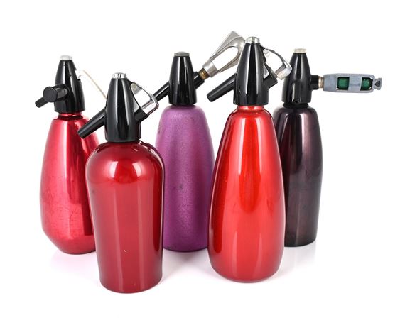 Black | Collection of five soda syphons in red, magenta, and black, one ...