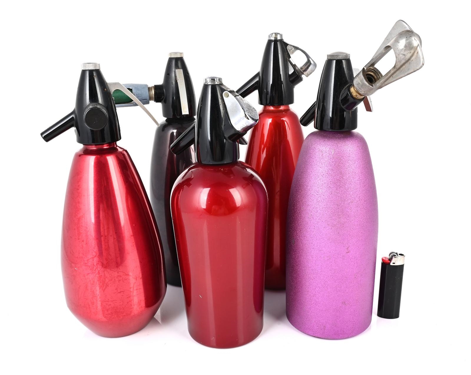 Black | Collection of five soda syphons in red, magenta, and black, one ...