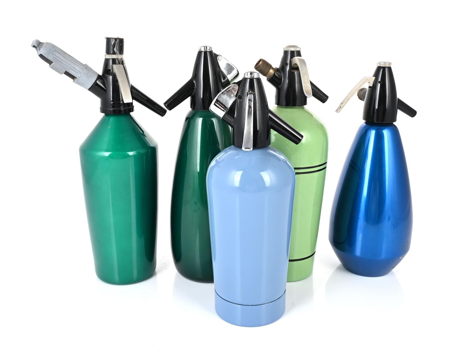 Green | Collection of five soda syphons in tones of green and blue, two ...