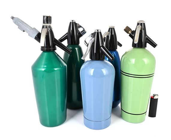 Green | Collection of five soda syphons in tones of green and blue, two ...