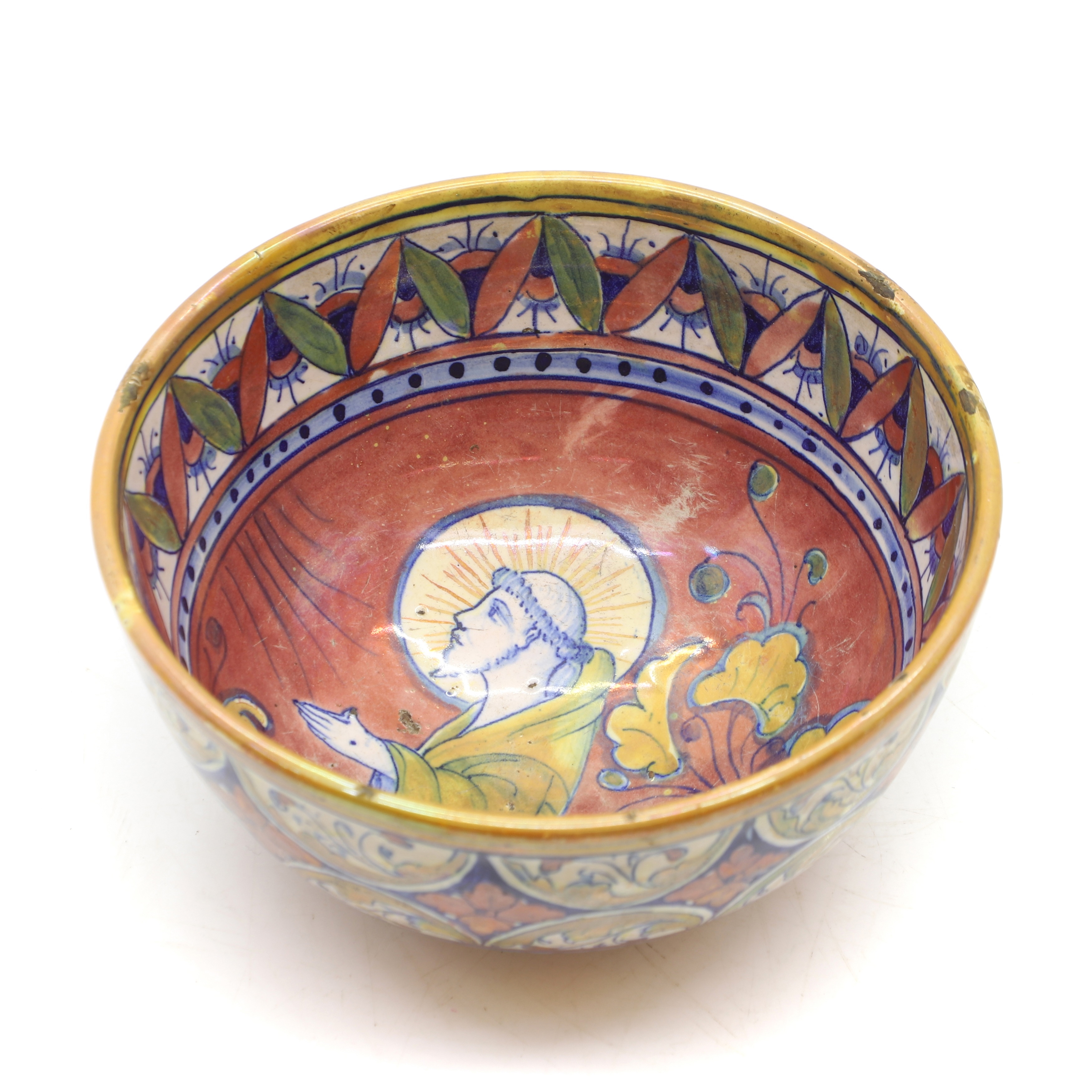 Artwork by Alfredo Santarelli, a faience lusterware bowl with portrait of a saint to the interior foliate and floral motifs to the borders and exterior with painted monogram, Made of Faience