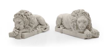 a pair of reconstituted marble Chatsworth Lions inscribed Sculptured Arts - Antonio Canova