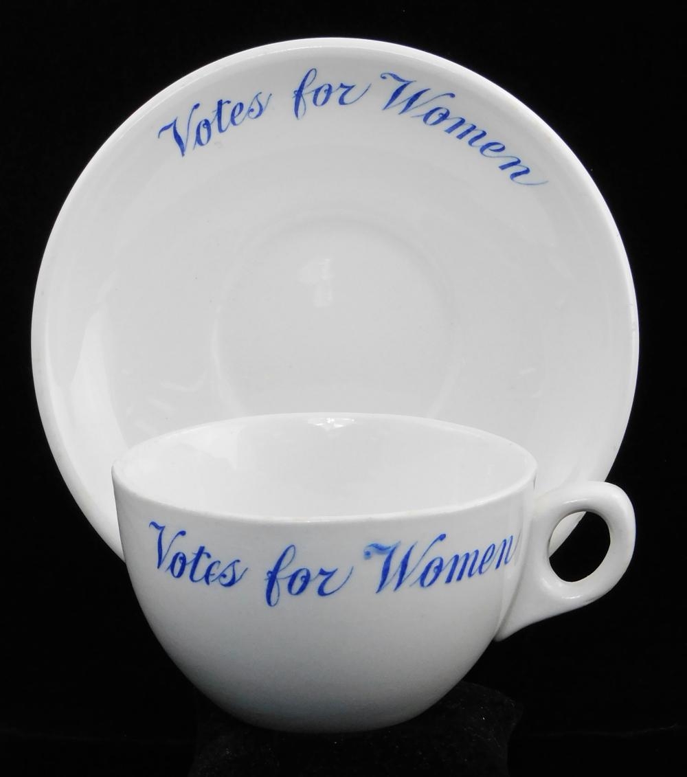 Artwork by John Maddock, Votes for Women Suffragette themed plates and teacups, Made of porcelain plates