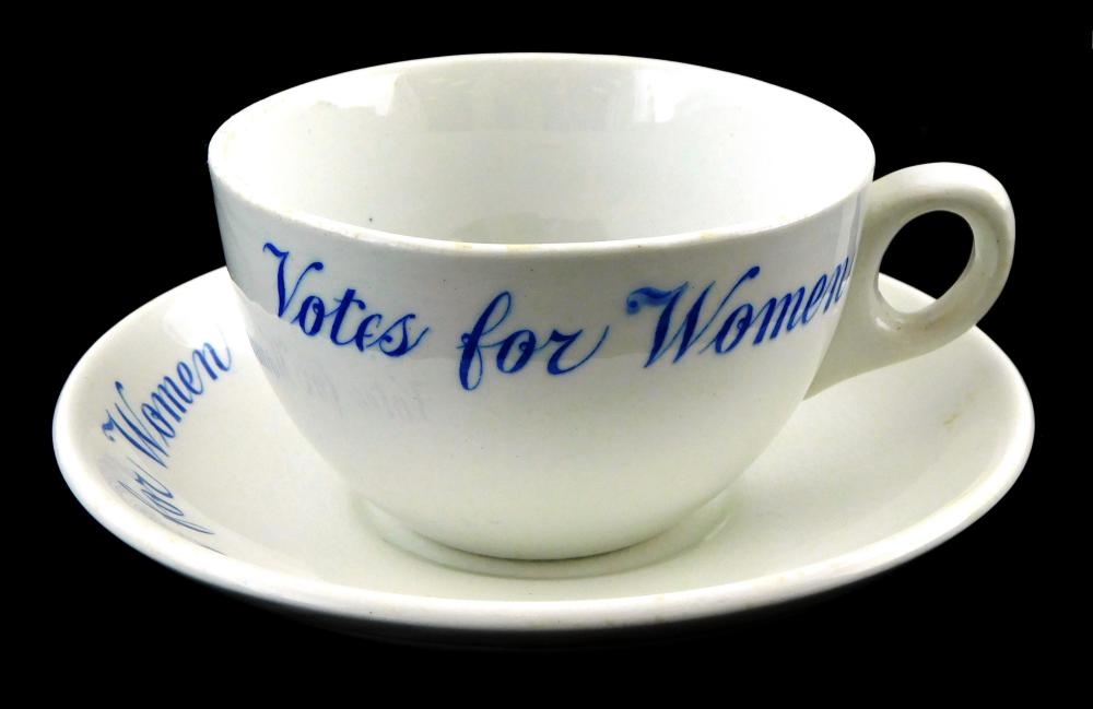 Artwork by John Maddock, Votes for Women Suffragette themed plates and teacups, Made of porcelain plates